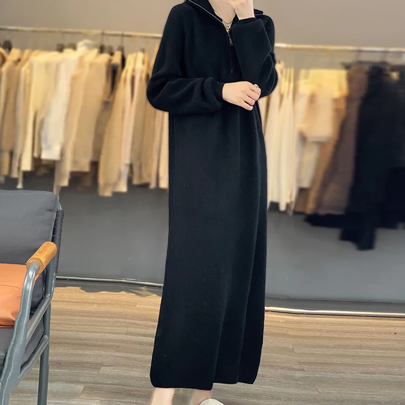 

Fall/Winter New Wool Dress Lady's Half-open Zipper Lapel Sweater Skirt Long Knitted Cashmere Over the Knee Skirt