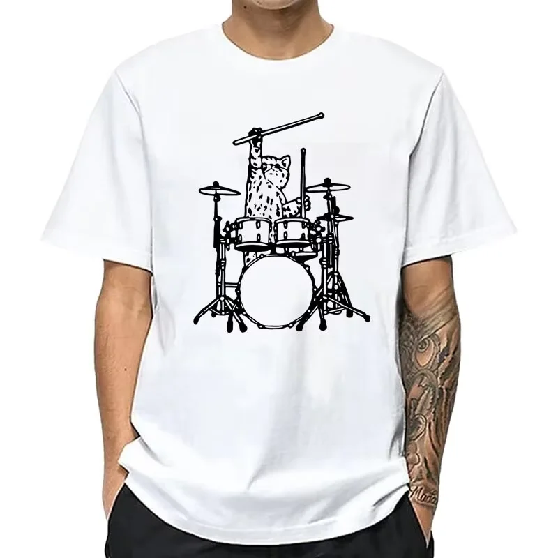Summer Men's High Quality Cotton Blend Funny Music Cat Print Cool Loose O-neck T Shirt for Men Short Sleeve T-shirt Male Tops