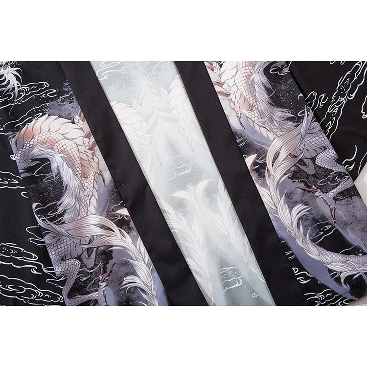 التنين الصيني موضة Harajuku اليابان كيمونو الخارجي للنساء والرجال الصيف أبيض أسود فضفاض كيمونو ملابس خارجية ملابس الشاطئ