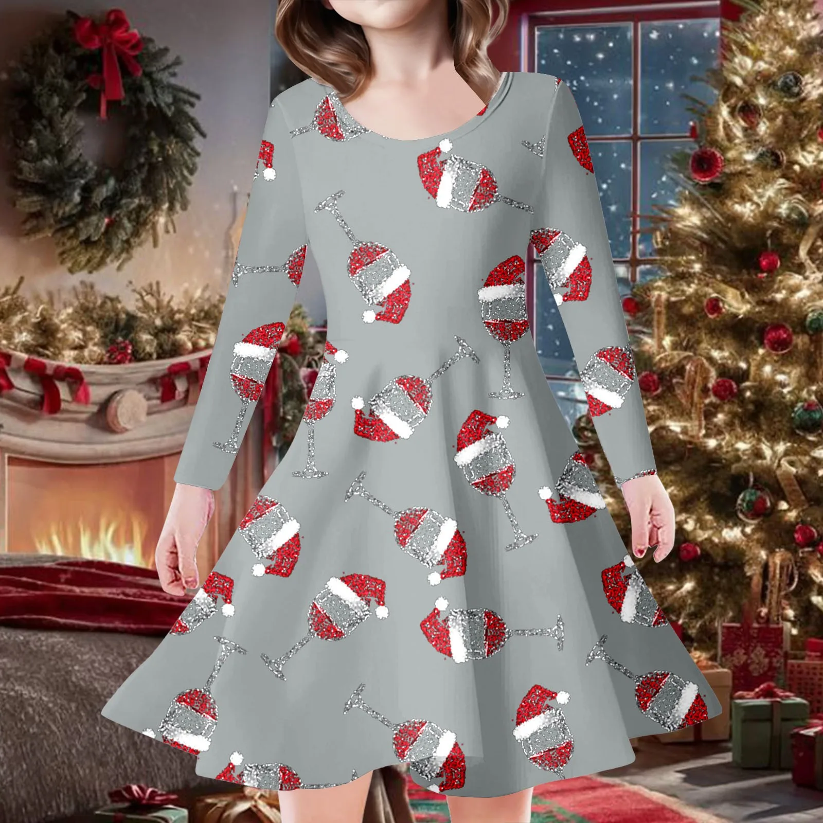 2024 New Year Party Dress For Kids Full Printing Xmas Elk Snow Cartoon Girl Dresses Long Sleeve Casual Baby Girl Dresses Clothes