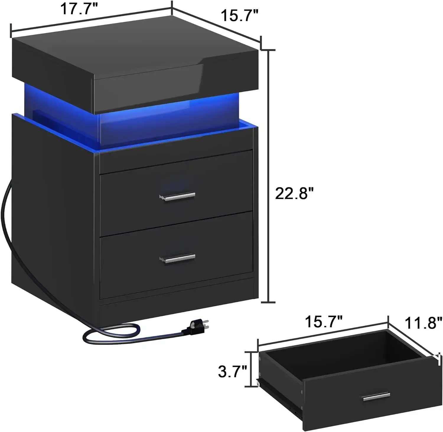 ChooChoo LED Nightstand with Charging Station,Smart Night Stand with Sliding Top Storage, 2-Drawers High Gloss Bedside Table,Mod