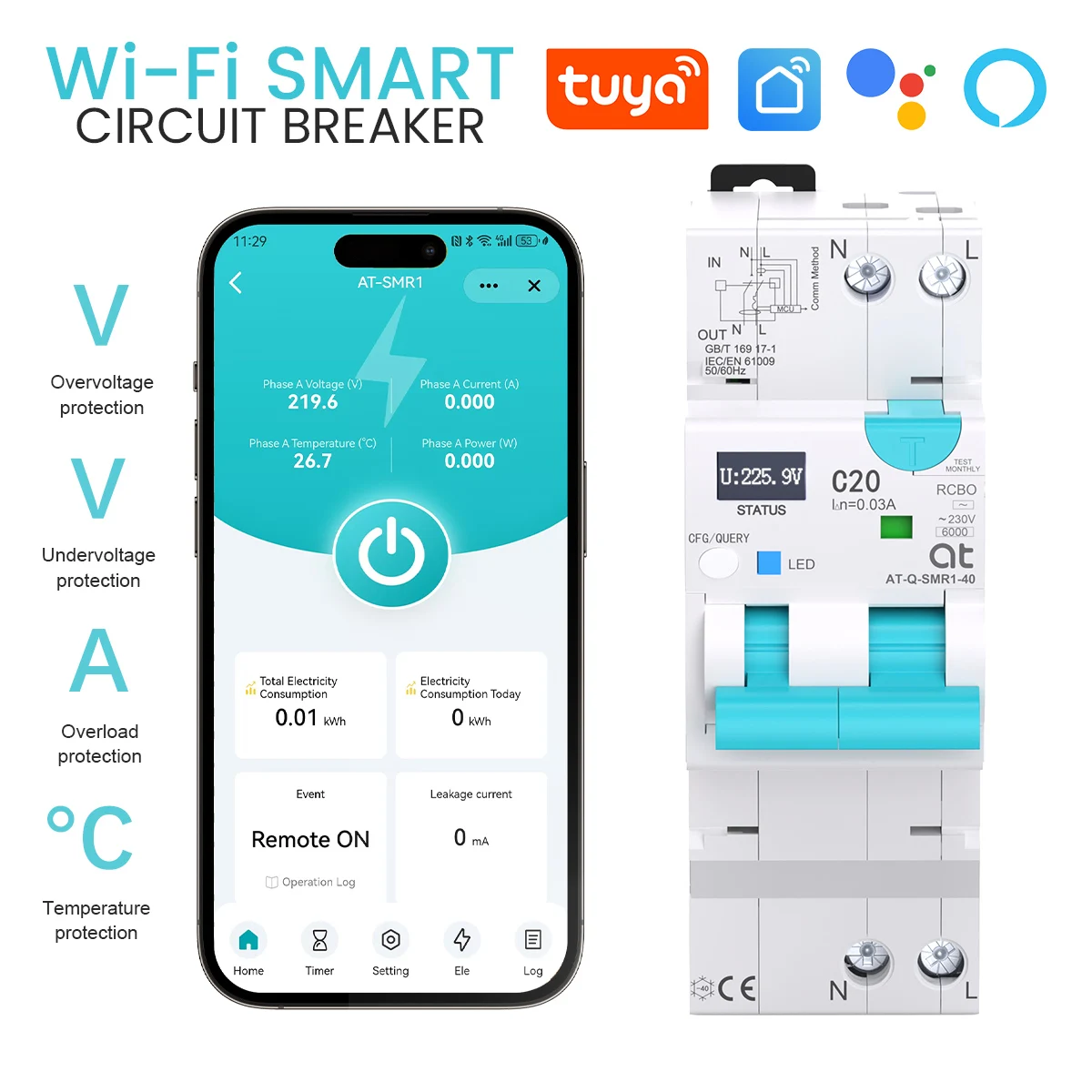 TUYA WIFI RCBO LED Adjustable Smart Circuit Breaker Residual Current Circuit Breaker With Leakage Protection and Over Current