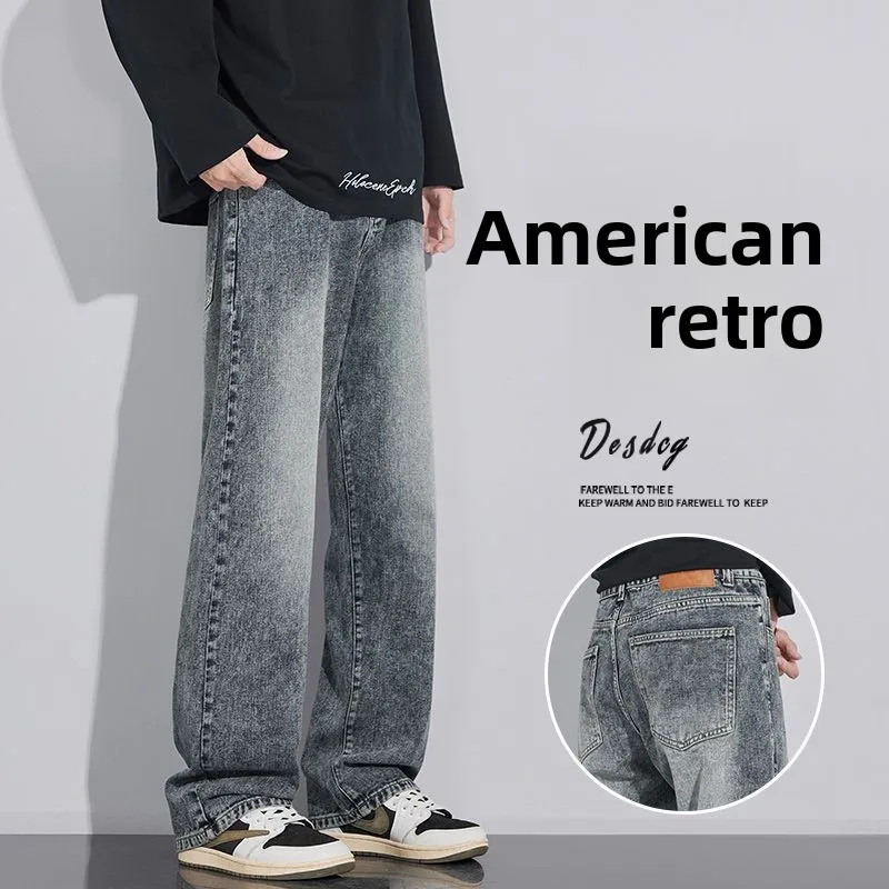 القطن فضفاض الرجال واسعة الساق الجينز الخريف فضفاض الشارع الشهير موضة الكورية مستقيم غسلها سراويل جينز ملابس عالية الجودة ماركة