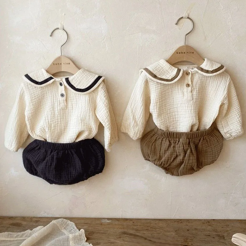 Navy Style Toddler Baby Girl Clothes Set Cotton Long Sleeve T-shirt+PP Shorts Spring Autumn Infant Baby Girls Clothes Suit