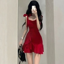 

French pleated red satin camisole dress for women, fashionable and sexy, summer 2025 new style spicy girl A-line short skirt