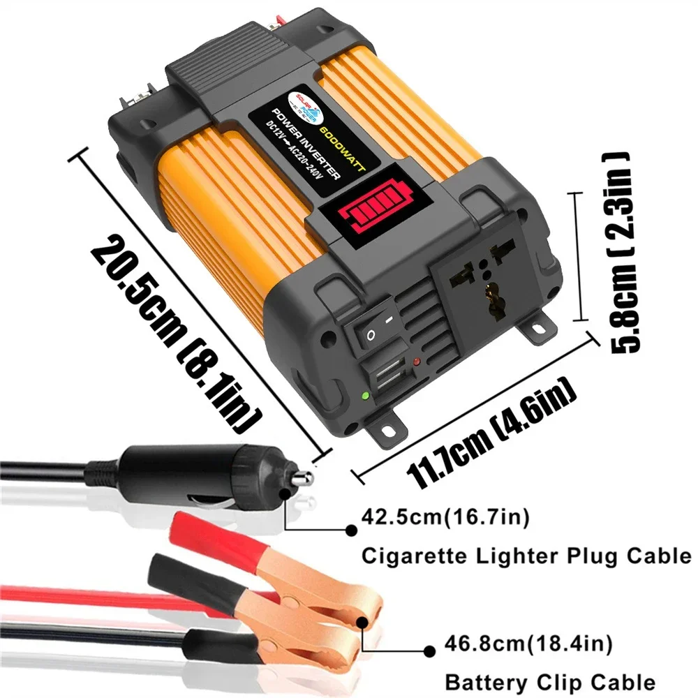 Imagem -03 - Transformador de Tensão Portátil Conversor de Carregador Automático Inversor de Energia do Carro Display Led 4000w 6000w dc 12v para ac 110v 220v