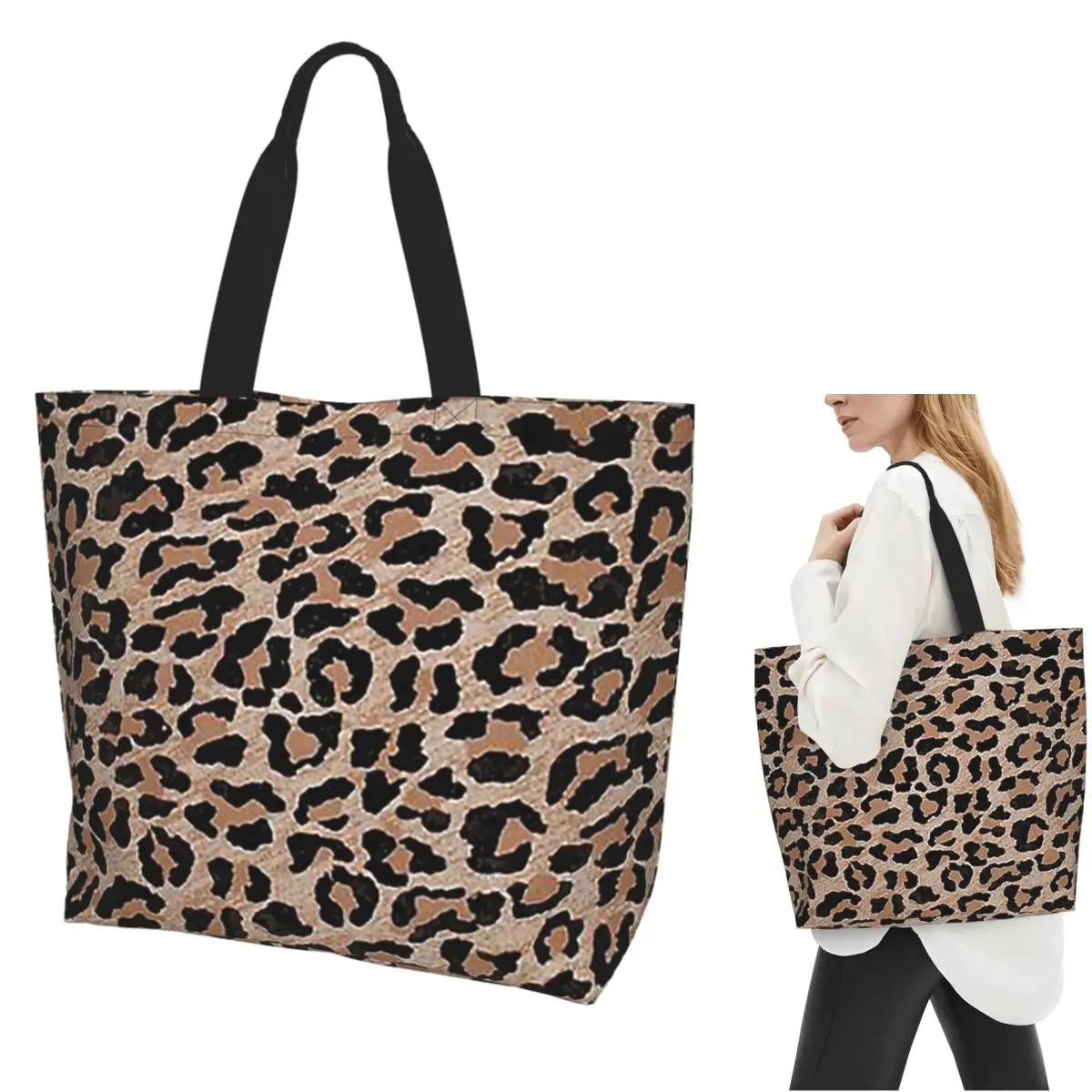 Cheetah Leopard Print Shopping Tote Bag Canvas Large Capacity Shoulder Bags Shopper Grocery Handbag for Women
