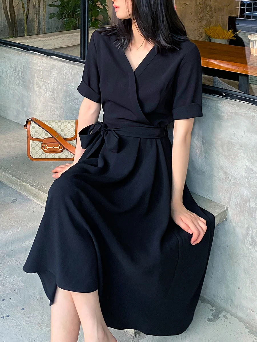 

Новое женское длинное черное платье А-силуэта с V-образным вырезом, завышенной талией и пышной юбкой, из ацетатного материала, для весны и осени, для офиса и повседневной носки.