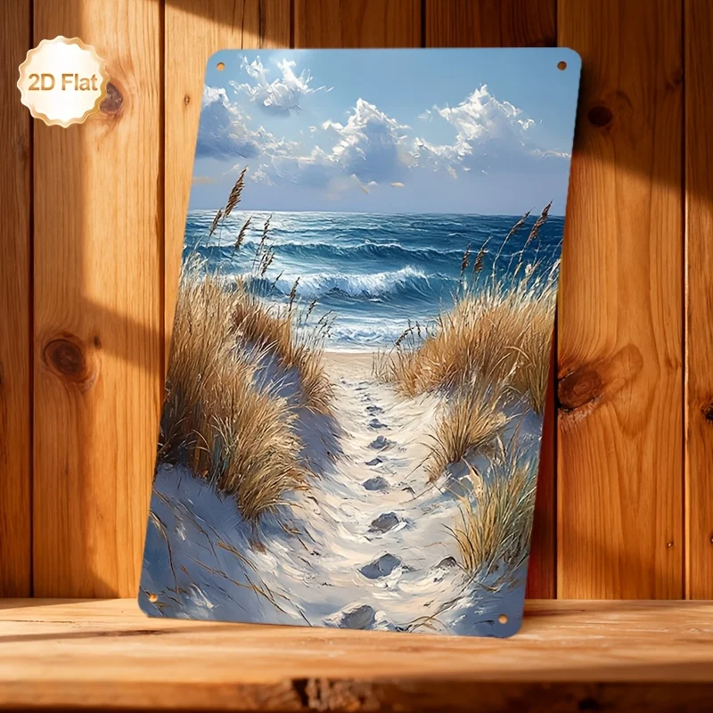 1pc Two-Dimensional Flat Wall Art Featuring a Beach Scene with Ocean Waves, Sand Dunes, And Grass. This Metal Sign Is Perfect