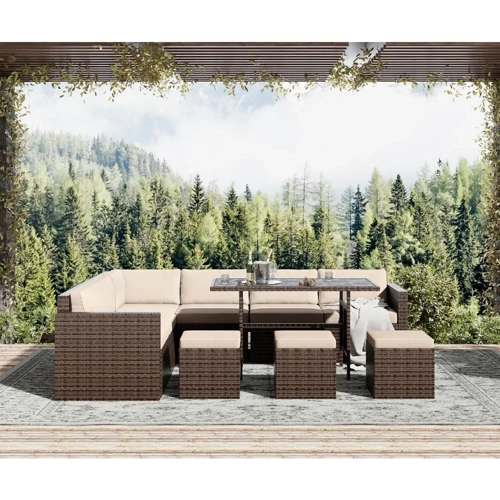 Conjunto de muebles de exterior para Patio, sofá Seccional de ratán PE para todo tipo de clima con cojines y mesa, 7 piezas