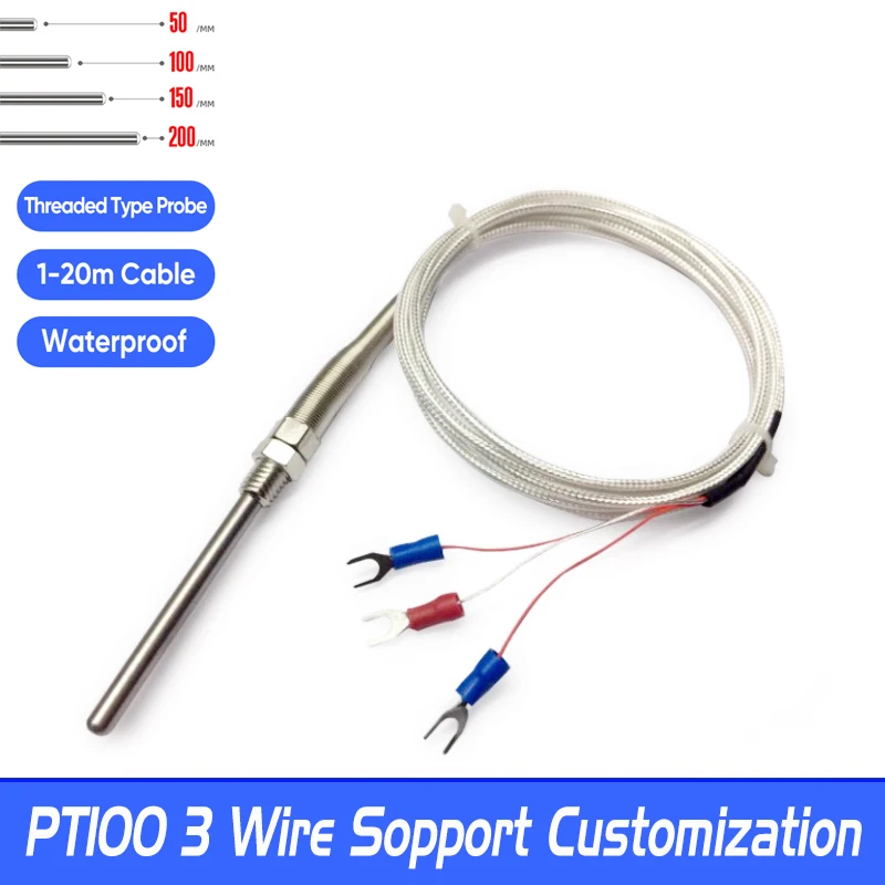 WZPT-03 PT100 M8 Threaded Type Probe Temperature Sensor Thermocouple with 1/2/3/5m Waterproof High Precision 3 Wire Cable