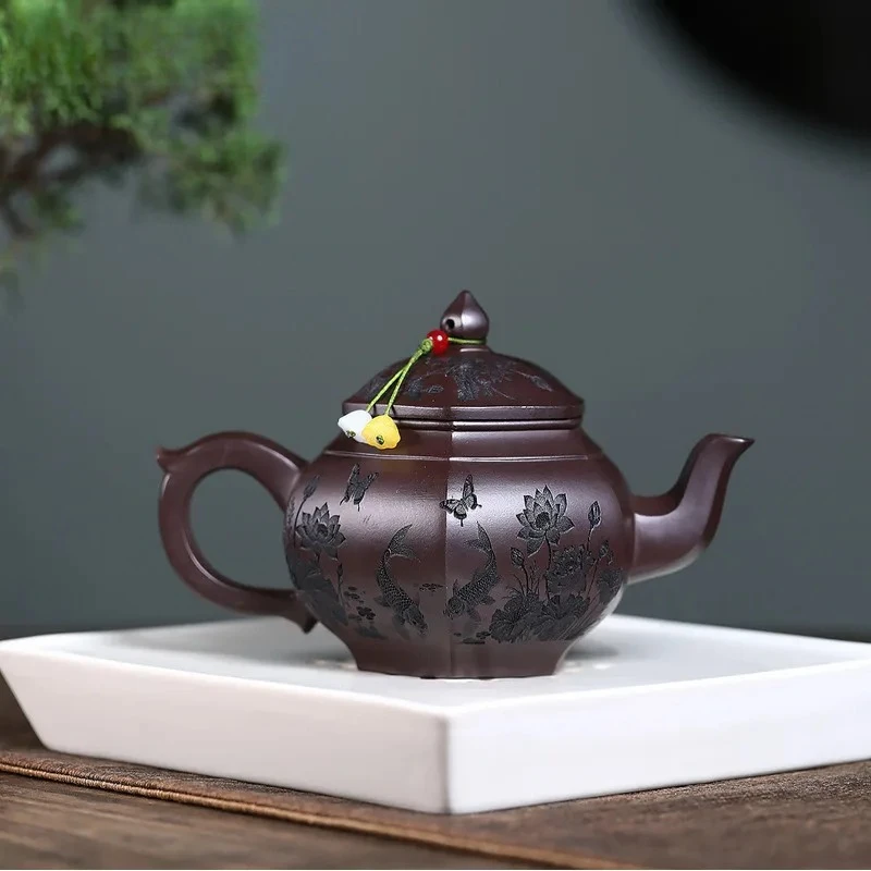 340ml Yixing Purple Clay Teapots Handmade Palace Lantern Pot Raw Ore Dragon's Blood Sand Tea Infuser Kettle Infuser Zisha Teaset
