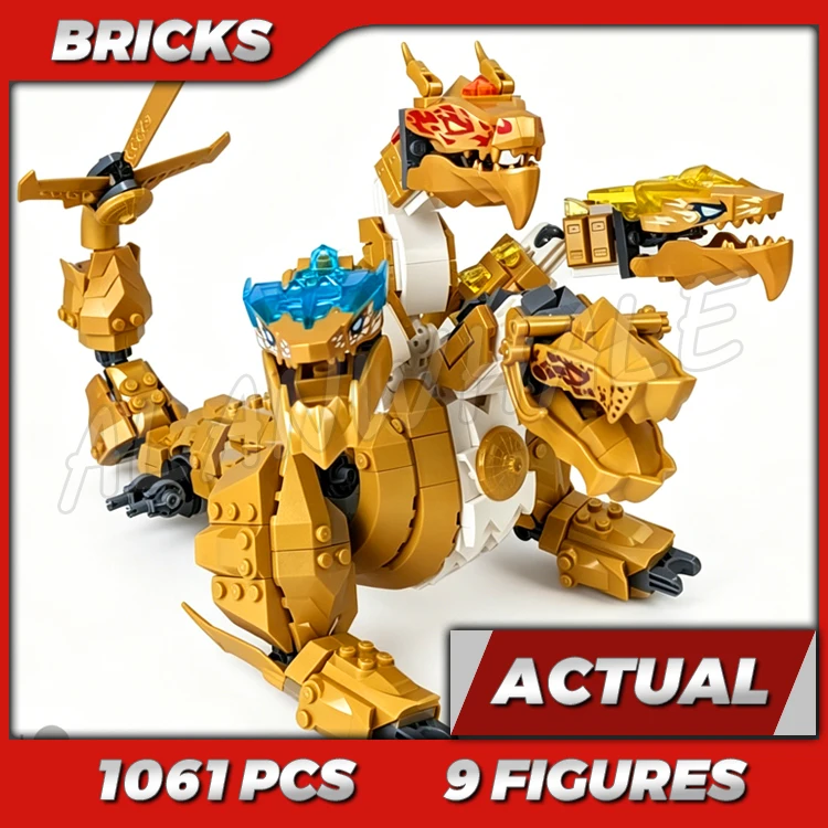 1061pcs Shinobi 4-headed Lloyd Golden Ultra Dragon Posable Wings Crystal King 60011 Building Kits Sets Compatible With Bricks