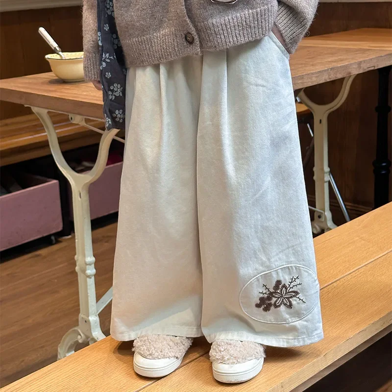 Girls Trousers 2024 Autumn New Korean Children Wear Korean Embroidery Senior Vintage Loose Wide-leg Pants Korean Simple Style