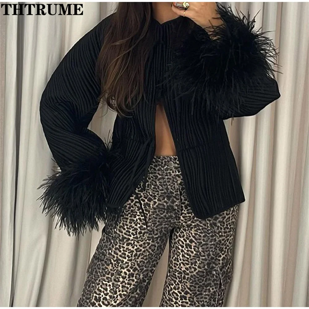 2024 New Autumn Jackets Fashion Women Solid Spliced Feather Cuffs Lace Up O-Neck Coats Casual Long Sleeve Elegant Chic Coat