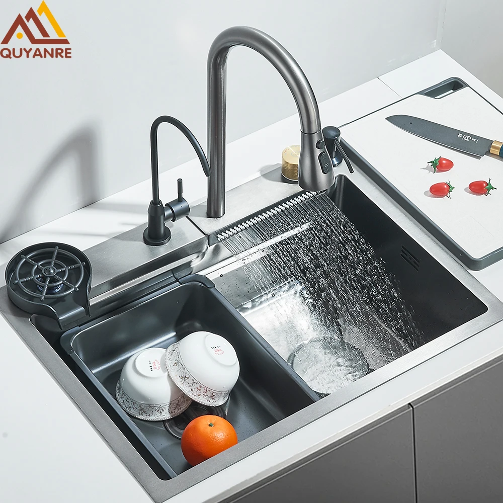 Waterfall Kitchen Sink 201 Stainless Steel Sink Large Single basin With Large Single Slot Sink Above Counter With Cup Disher