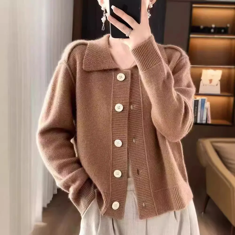 Turn-down Collar Sweater Cardigan Women's New Autumn Winter Thick Sweater Jacket Fashion Versatile Knitted Coat Top E2397