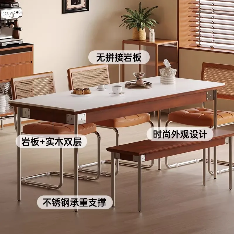 Retro style solid wood rock slab modern small apartment dining table and chairs, household minimalist rectangular dining table