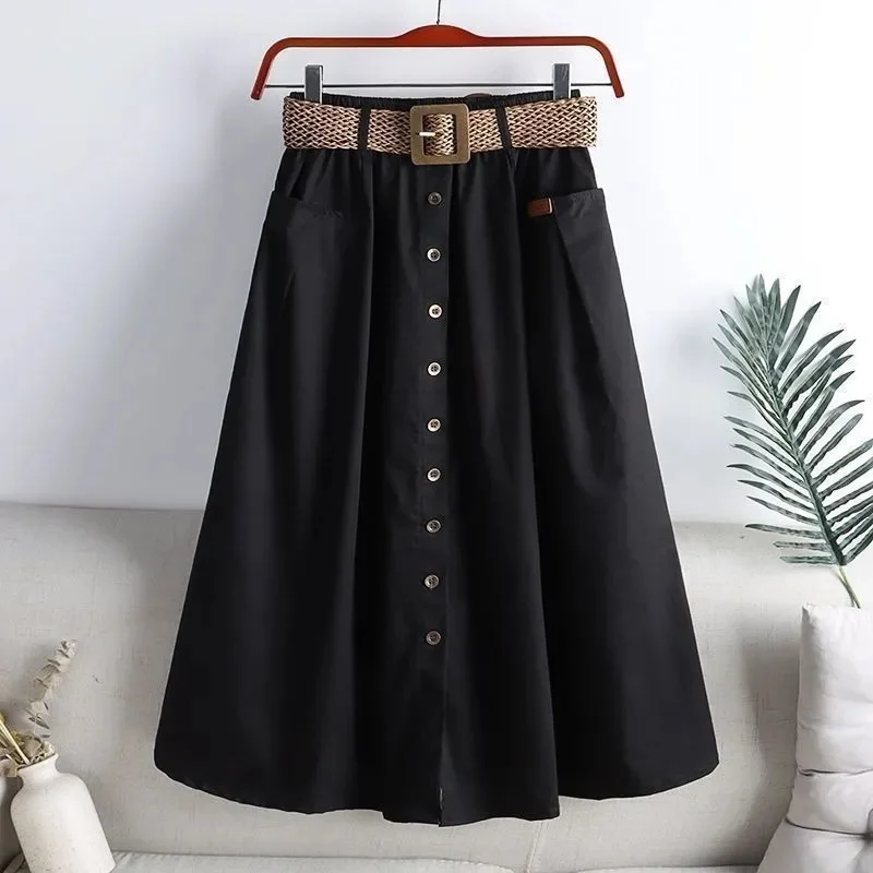 

Spring/Summer 2025 New Korean Elastic Skirts Women Big Pockets Fashion High Waist Skirt Female Split Slim Long A-Line Skirt Lady