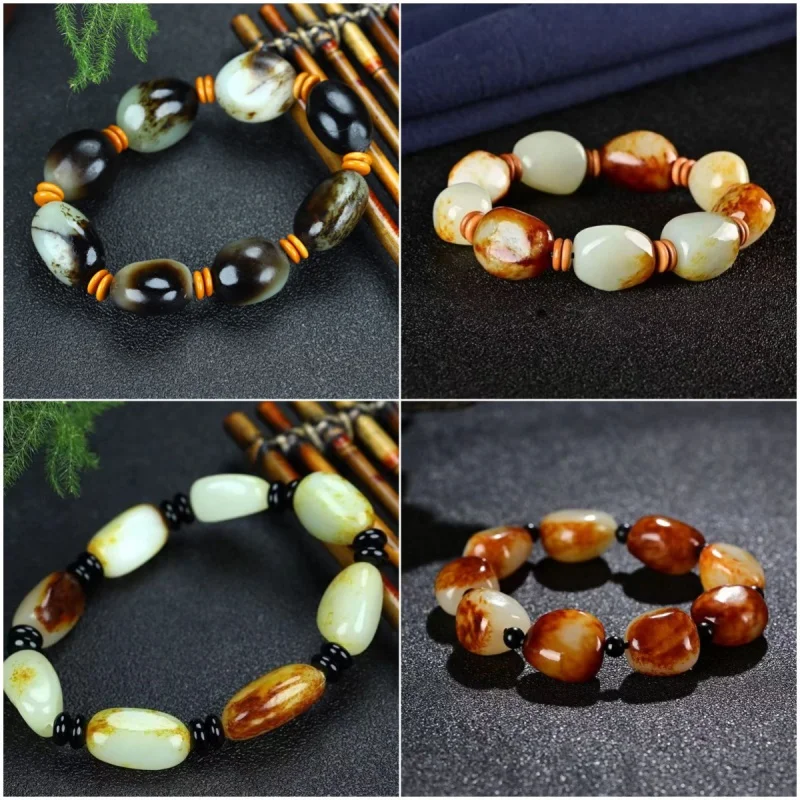 Natural Hetian Rough Stone Jade Pebble Single Circle Retro Ethnic Style Black Red Leather Bracelet