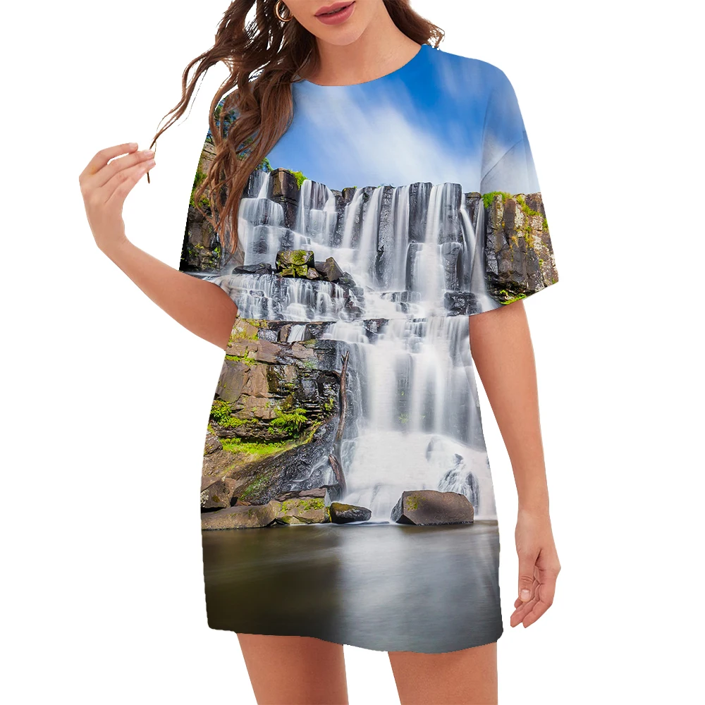 Summer Tourism Landscape Waterfall Dresses For 2023 Women Dress Hot Sale New Pattern Short Sleeve Dress Casual Oversize Clothing