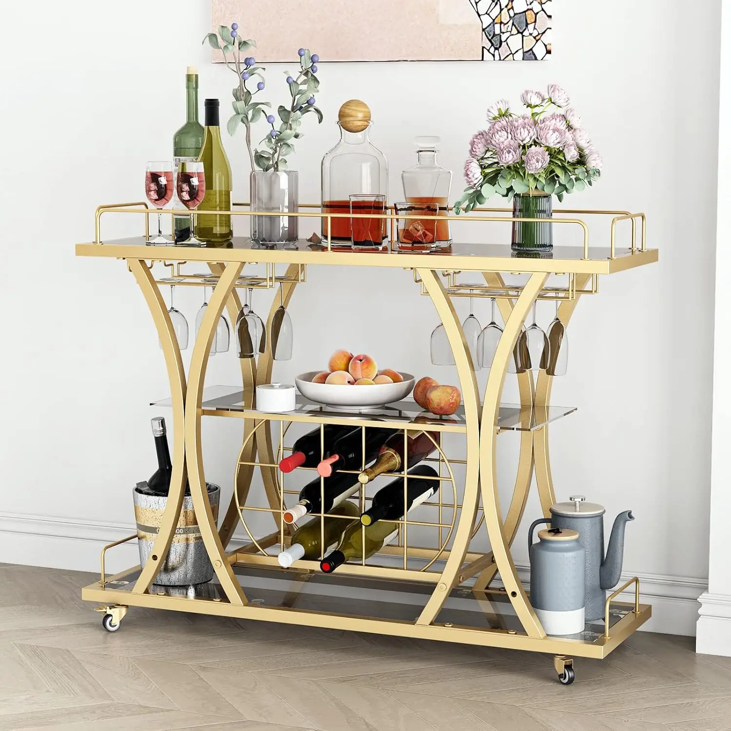 Gold Bar Carts with Glass Holders & Wine Rack 3 Tier Home Rolling Serving Carts with Glass Shelves Metal Home Kitchen Party Gold