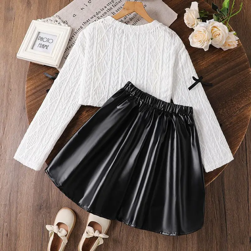 2-Piece Set: Girls' White Bow-Knot Hollow-Out Long-Sleeve Top + Black Pu Leather Skirt Set, Sweet and Cute Fashionable Skirt Set