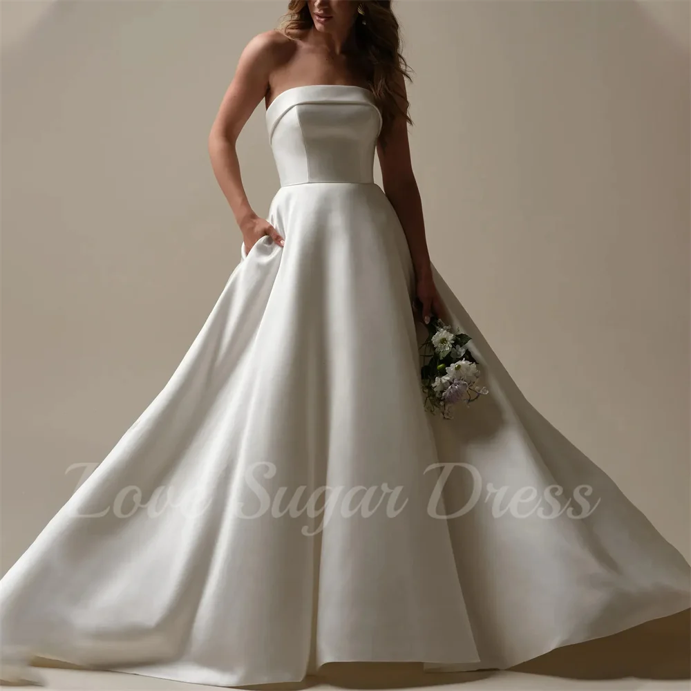 Elegante Cetim A Linha Vestido De Noiva Simples Strapless Vestidos De Noiva Para Casamento Longo Plissado Vestidos De Noiva Customsized Plus