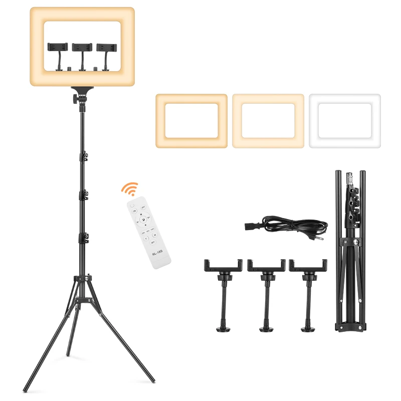 

18-дюймовый кольцевой светильник для фотосъемки, 2000-7500 К с регулируемой яркостью, квадратный кольцевой заполняющий светильник, источник питания переменного тока и 3 держателя телефона для студийного макияжа