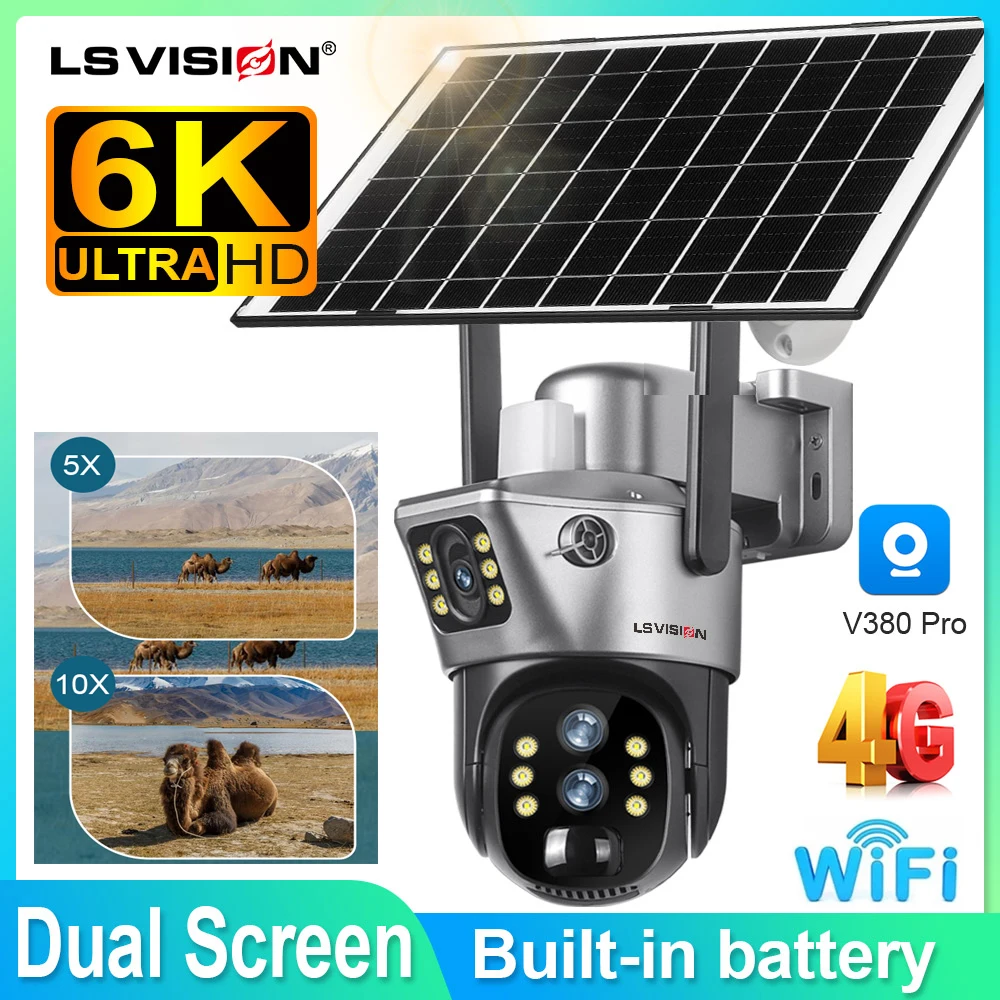 LS VISION Dual screen WIFI Solar Camera 10X Zoom 4G Security Outdoor Camera Humanoid Tracking Color Night Vision Cam PTZ IP66