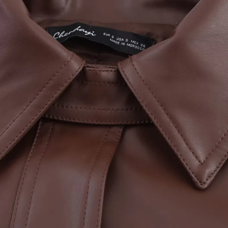 EAEOVNI 여성을위한 빈티지 PU 가죽 자켓 패션 브라운 옷깃 버튼 벨트 모여 허리 짧은 코트 streetwear 2025 가을 새로운