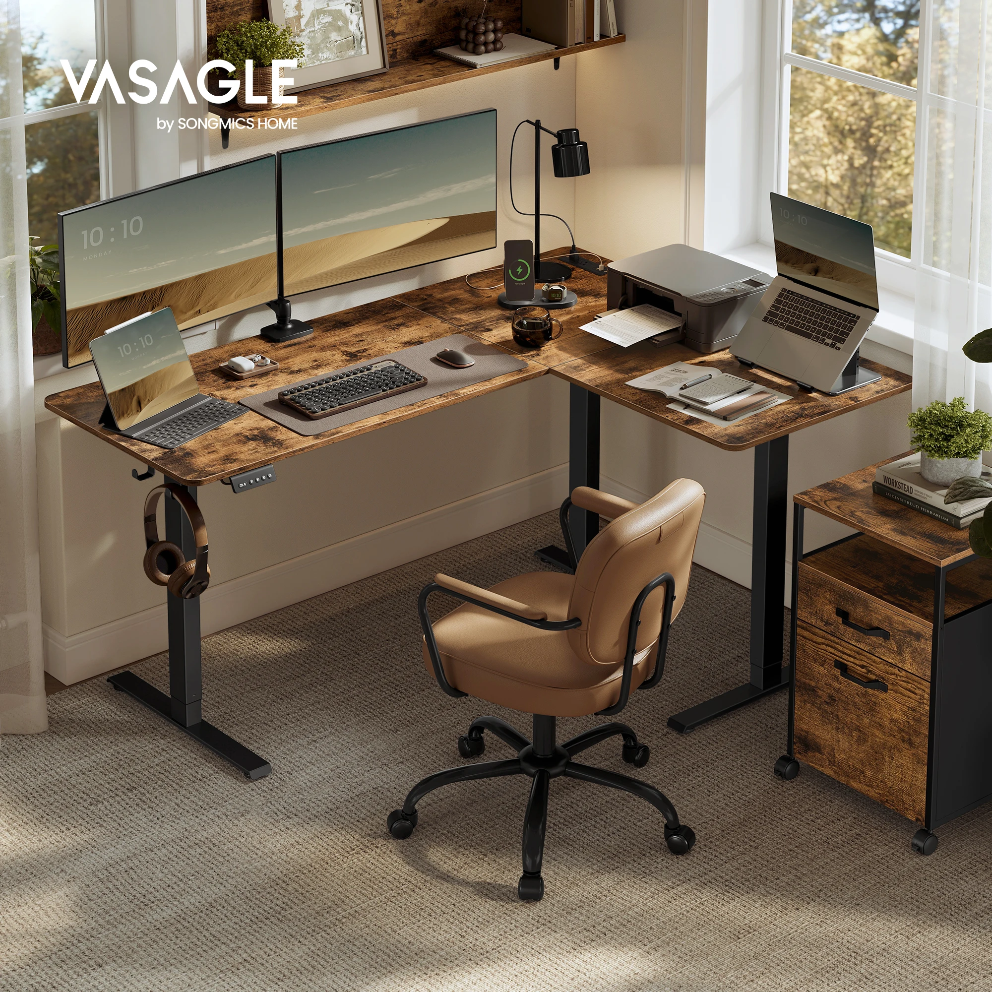 VASAGLE L-Shaped Electric Standing Desk, Corner Desk with Power Outlets, Height Adjustable Computer Desk, Gaming Desk