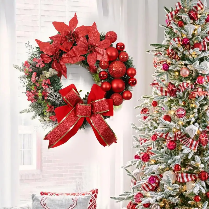 

Christmas Front Door Wreath Red Berry Clusters Holiday Wreath Poinsettia Flowers Holiday Wreath With Ball Ornaments For Front