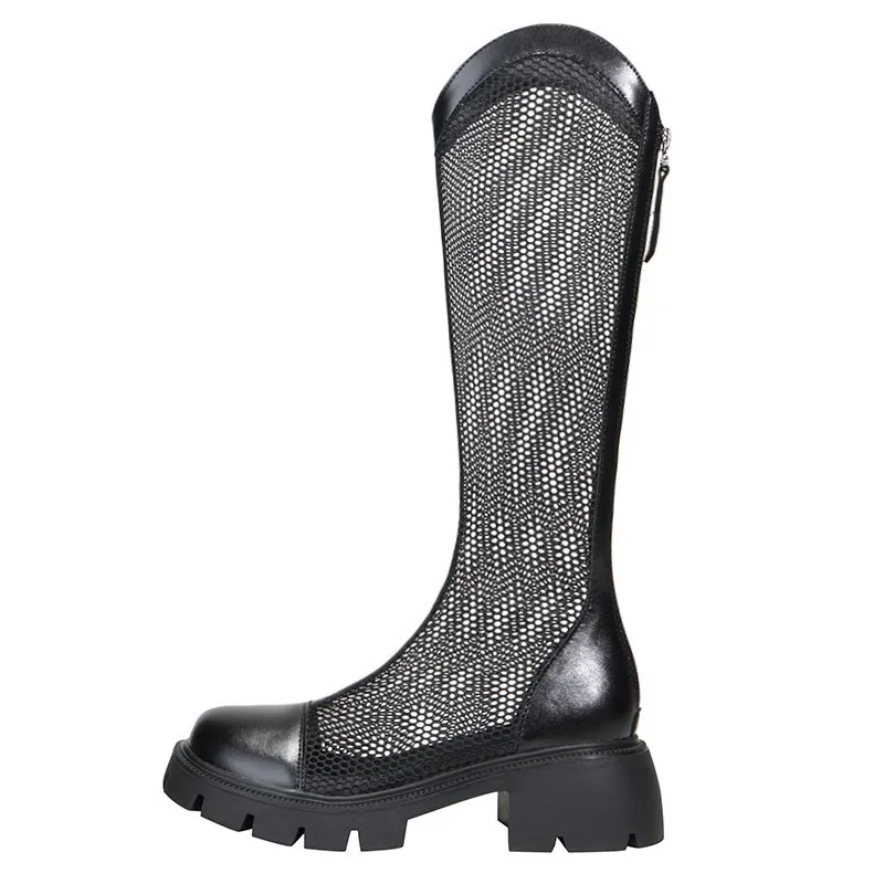 Women Summer Knee-high Mesh High Boots Female Breathable Platform Mesh Lace-up Knight Boots Thick Heel Hollow Long Knight 2025
