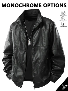 Men's Stand-Up Collar Leather Jacket, Simple and Versatile, Leather Material Gives a High-End Feel, Suitable for Office Commuting, Casual Gatherings with Friends, Autumn and Winter Styling, Street Wear, Leisure and Relaxation, Lightweight Outdoor Wear