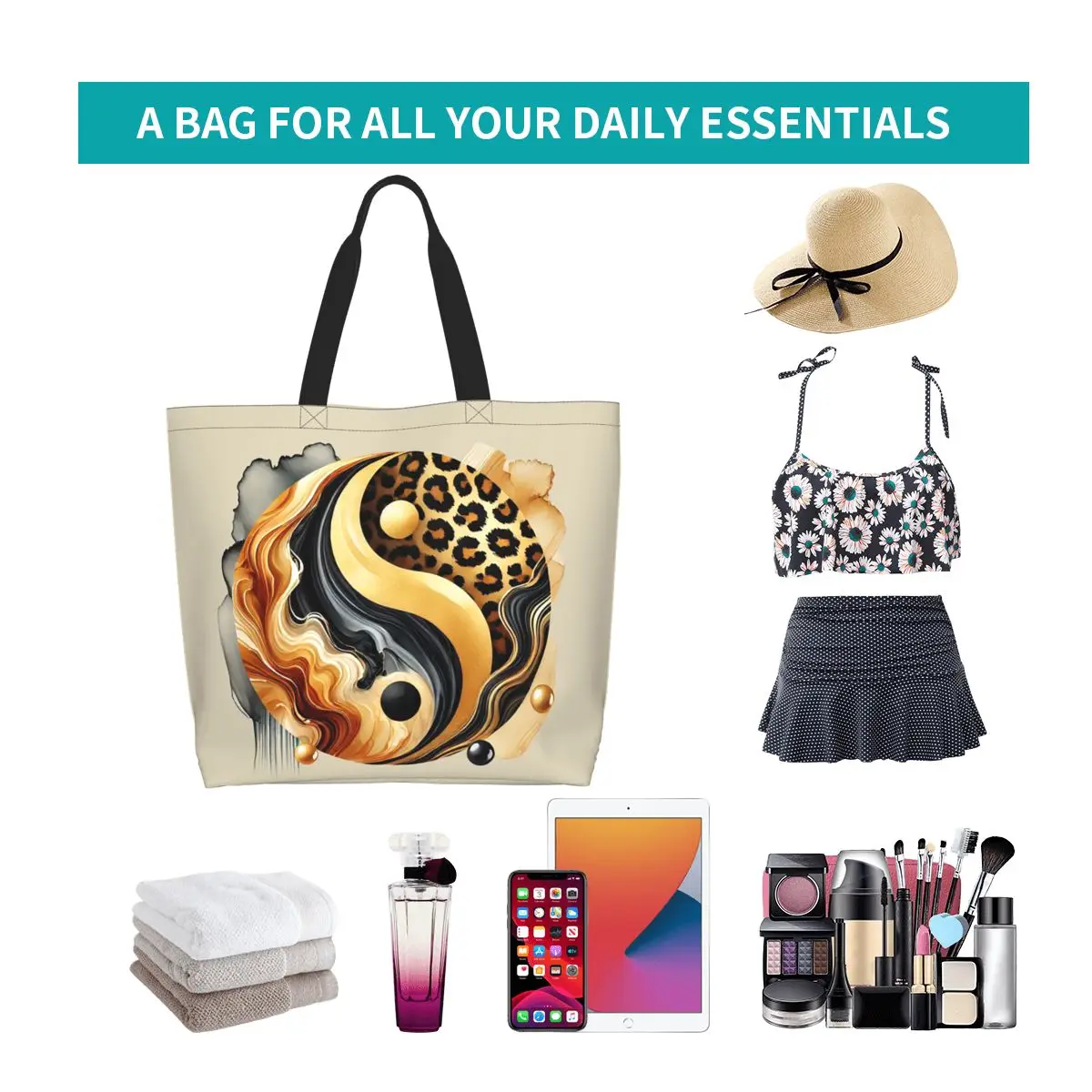 Leopard Yin Yang Luxury Gold Marble Balance Design Shopping Tote Bag Canvas Shoulder Bags Shopper Grocery Handbag for Women