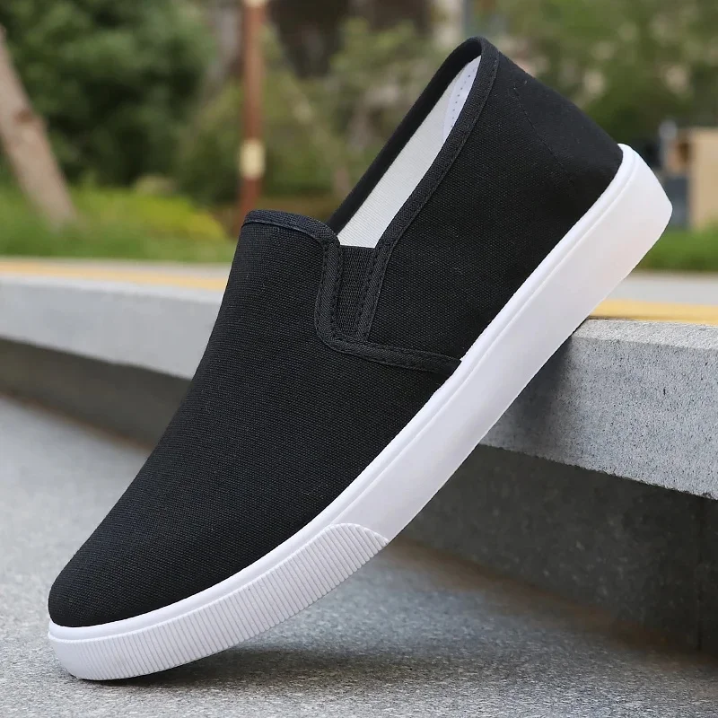 Unisex Slip On Canvas Shoes Black White Sole Low Top Casual Loafers Breathable Work Sneakers Men Women Big Size 36-48