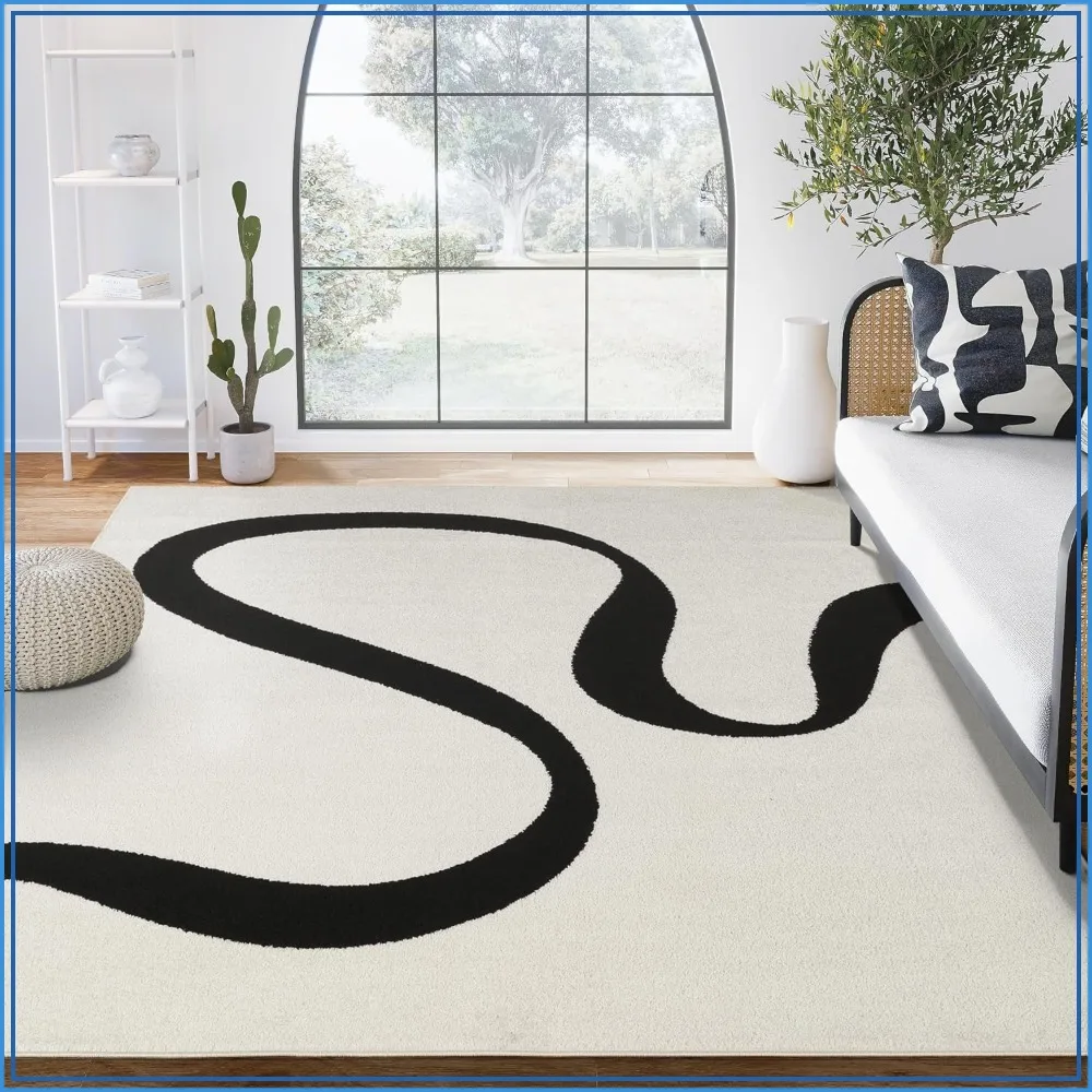Black and Cream Abstract Area Rug 8x10 ft, Geometric Wave Design for Living Room Bedroom Office