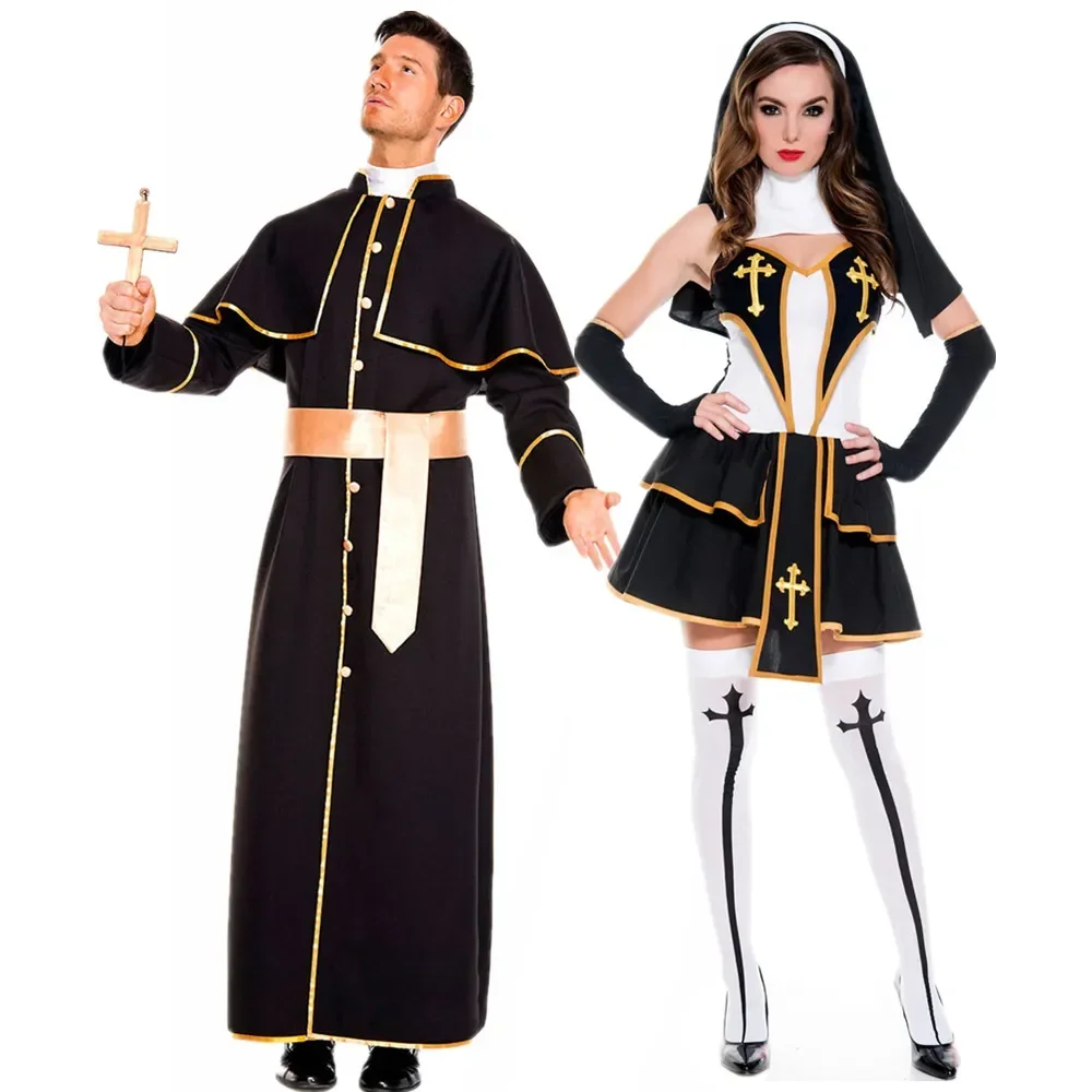 Men Priest Costumes Women Nun Religious Catholic Church Clothing Adult Missionary Cosplay Halloween Clothes