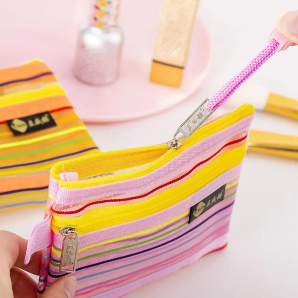

Rainbow Clear Mesh Coin Purse Stripe Patchwork Mini Transparent Storage Bag Large Capacity Data Cable Storage Bag