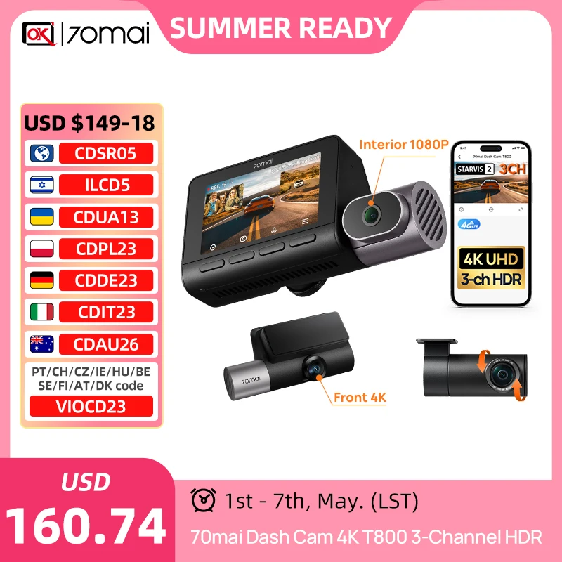 70mai 4K T800 3-Channel HDR Car DVR Built-in GPS & ADAS Voice