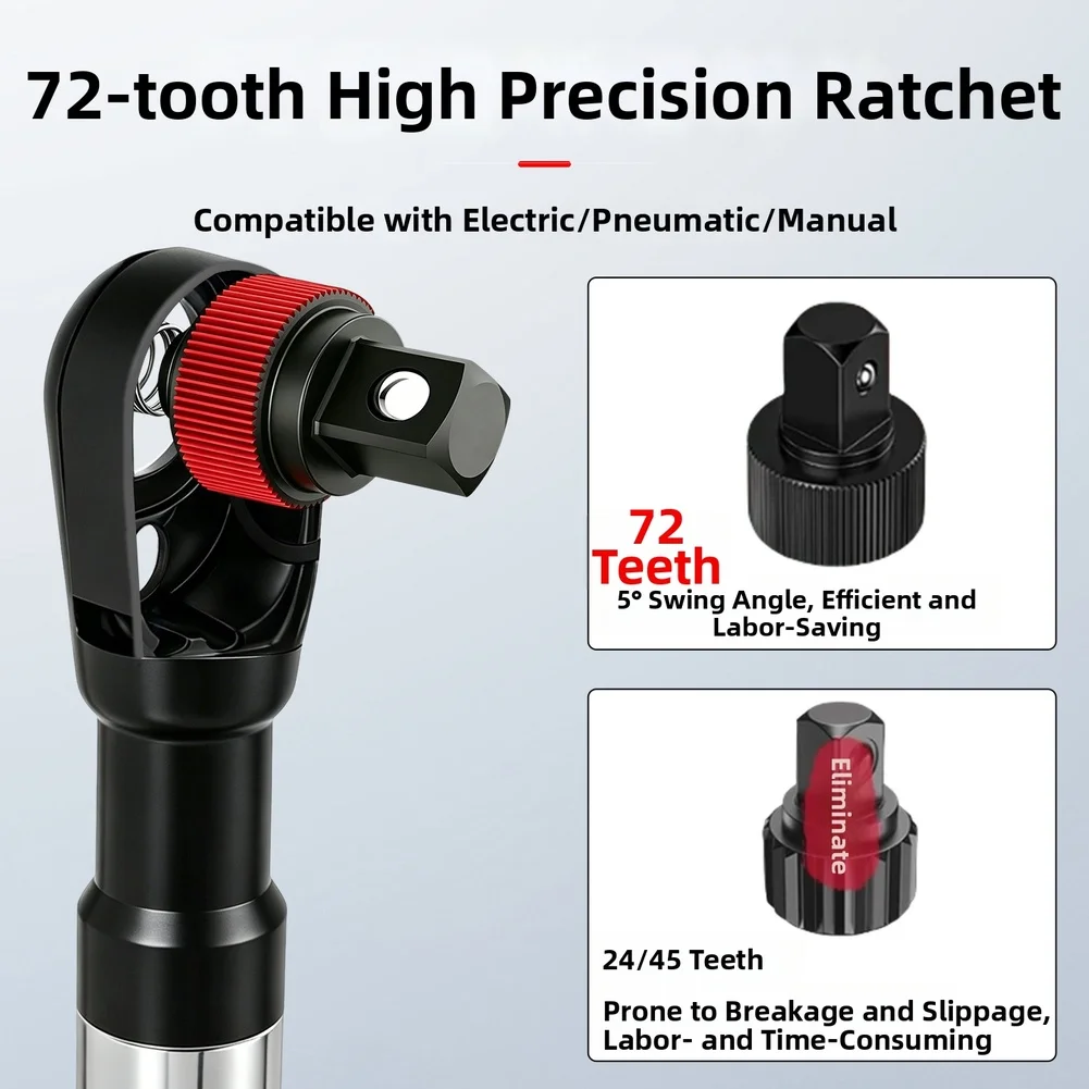 Extended Length 1/2 Inch Ratchet Wrench with 72 Tooth Mechanism for Low Swing Angle Operation in Confined Areas