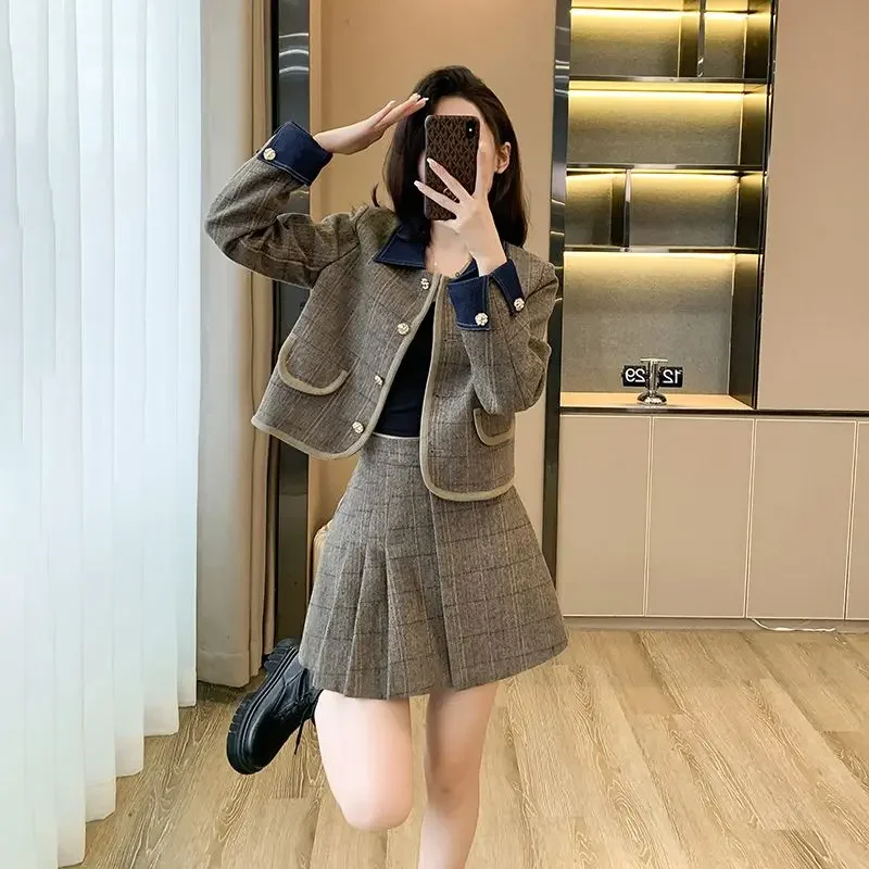 UNXX Winter Cotton British Style Woolen Coat Pleated Skirt Sets Retro Denim Patchwork Woolen Jackets Skirt Two-piece Set Women's