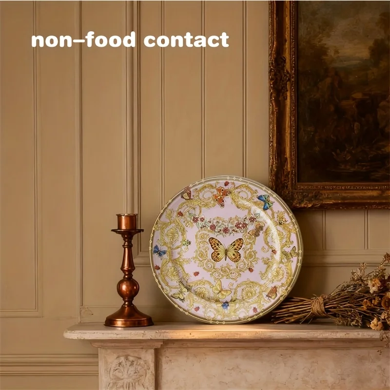 Christmas Single-Pack Decorative Plate, Golden Butterfly Pink Floral Romantic Ceramic Decorative Plate. Not for Food Contact,