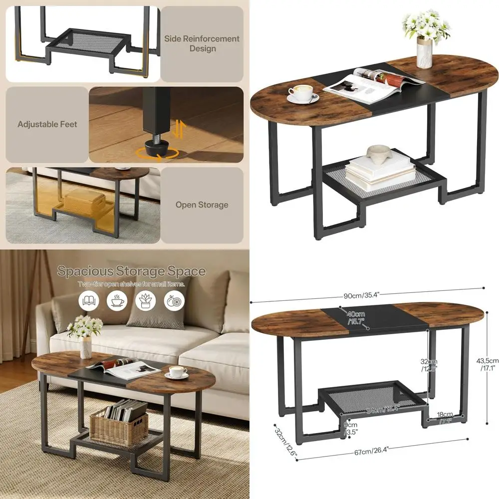 

Овальный двухуровневый журнальный столик для небольших помещений, подходит для гостиной, спальни, офиса, в деревенском стиле, коричневый и черный