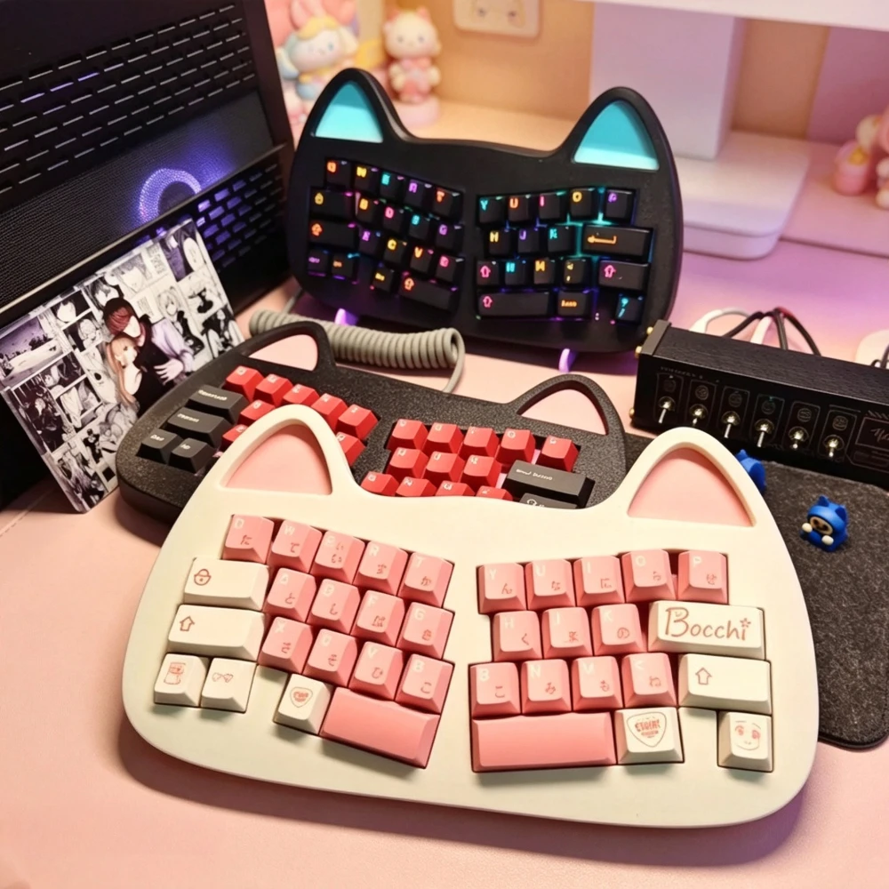 Cat Qaz Alice Keyboard Kit RGB with Solenoid Valve Buzzer Custom Cat Ear Hotswap Mechanical Keyboard Girl Gaming Accessories DIY