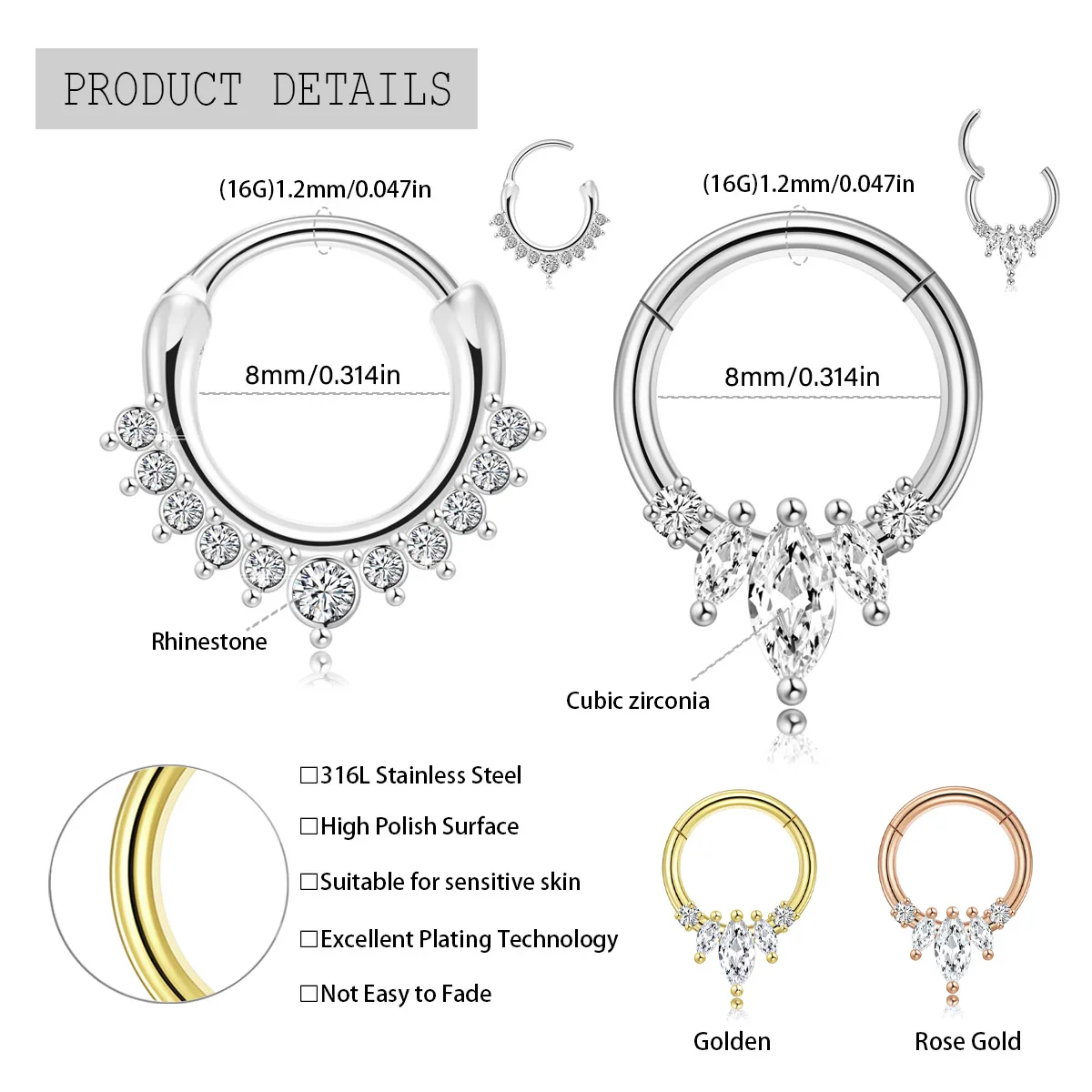 2 Stück 316L Chirurgenstahl Zirkon Scharnier Nasenring Septum Clicker Daith Piercing Ohrknorpel Helix Hoop Blumen Wassertropfen – Detail 3