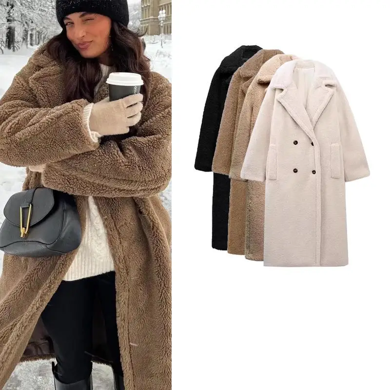 

Autumn Winter New Sle Women's Long Sve Lapel Double Buttoned Lamb Fur Fce Coat Outerwear Thiened Straight Cut Commute