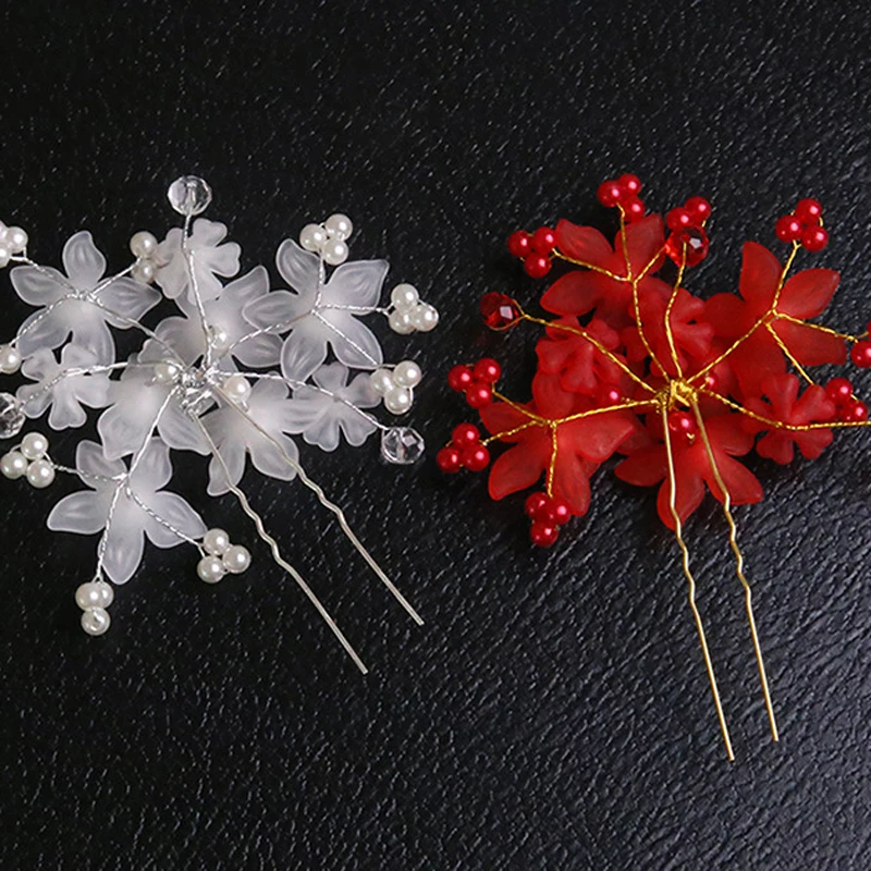 Handmade Red White Pearl Flower Wedding Hairpins Crystal Beaded Bridal Hair Pins Sticks For Women Girls Hair Jewelry
