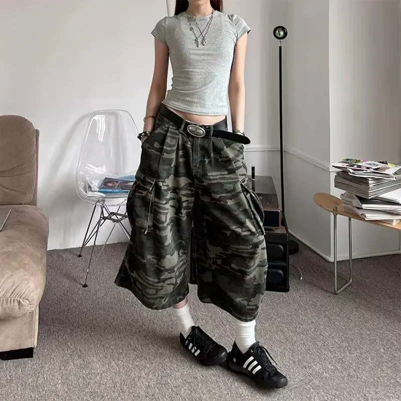American Camouflage Jeans Straight Loose Denim Pants Unisex High Street Versatile Seven-Minute Length Trousers Male Female